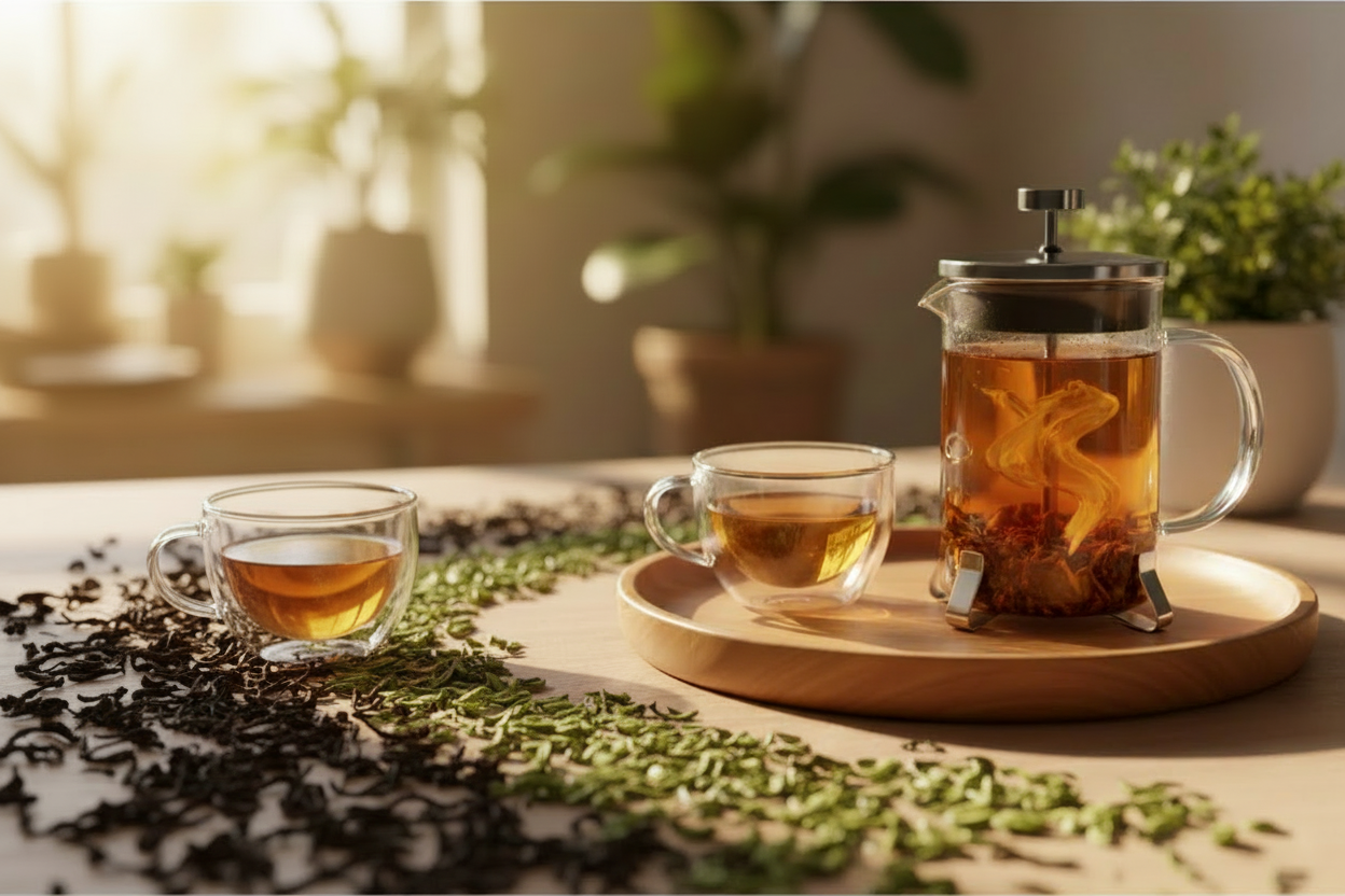 Tea-making setup with a glass teapot, cup, and tea leaves on a wooden surface.