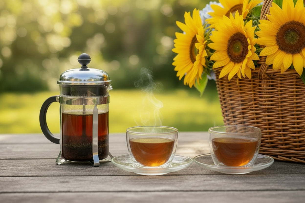 Teacup with floral arrangement and blueberries on a wooden chair outdoors