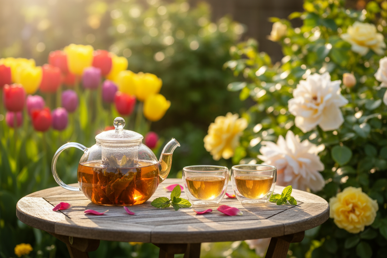 Tea set on a wooden table with flowers in the background