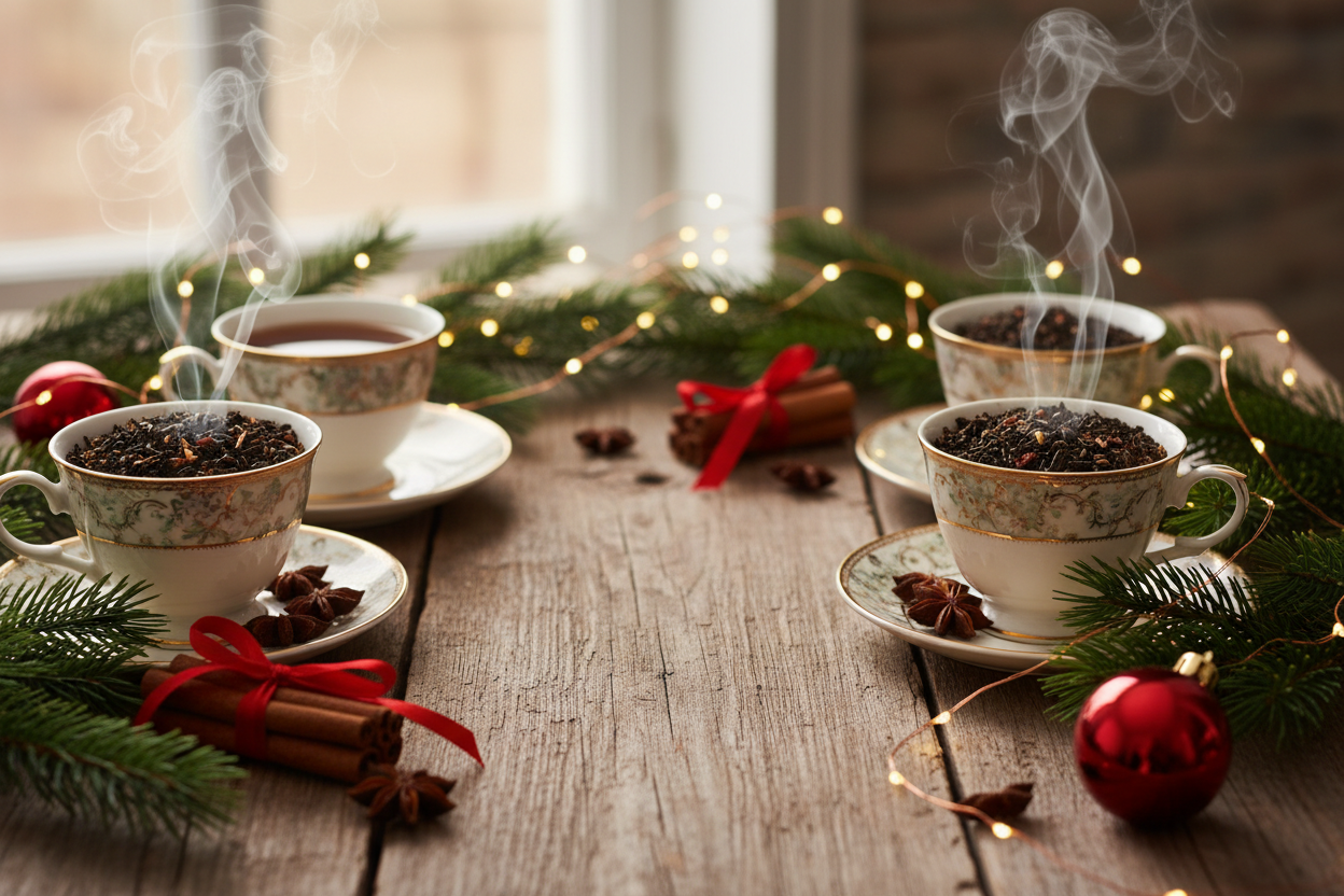 teacups with teas in a christmas spirit scenario. this is for a hero image in a slideshow. The centre of the image will have a text in the slideshow