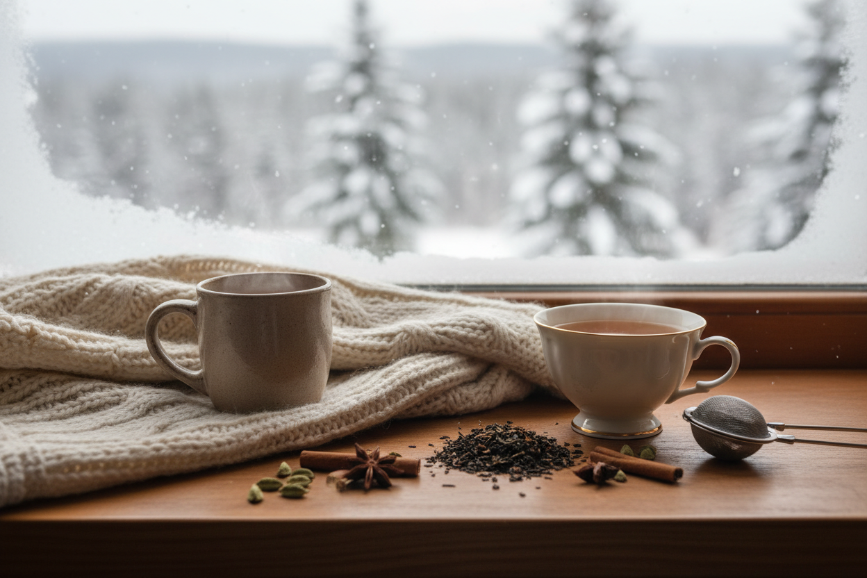 Two different teacups with warm tea near a window on a snowy day, soft focus, neutral colors, intimate and calm winter mood. There's a cozy blanket in the middle. Loose leaf tea spread beside a mug of hot tea, knit blanket texture in background. tea cups are placed in different angles so they don't look too similar. Add loose leaf and winter spices. Focus should be middle vertical and the tea cups half way to the sides, but not too much.